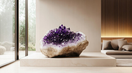 A large amethyst cluster on display in a minimalist home interior, with soft natural lighting
