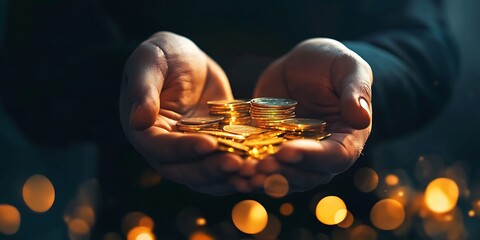 A close-up of hands counting money with an elegant black and gold business background premium financial theme High detailed and high resolution highly smooth realistic high quality photo