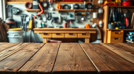 Empty wooden table top with blurred background of home workshop interior