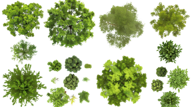 Top view of various green trees and plants on transparent background