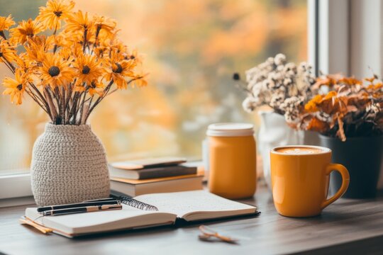 A person sitting by a window with a cozy sweater, sipping pumpkin spice latte and journaling about gratitude, with fall foliage outside