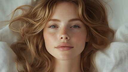 Naklejka premium Portrait of a Woman With Freckles and Messy Hair in Natural Lighting