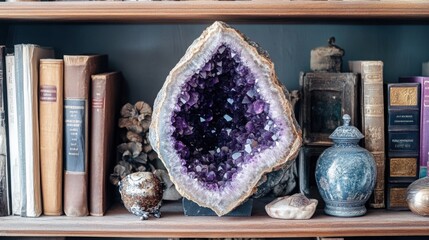 An amethyst geode on a bookshelf, surrounded by books and small decorative items, blending nature and culture