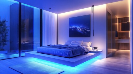 Serene Blue Bedroom: Modern Minimalist Design with Ambient Lighting