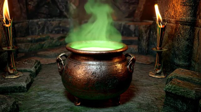 Bubbling green potion in a bronze cauldron in a stone dungeon, with torches, medium shot