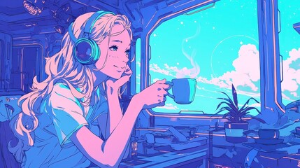 Nostalgic Space Lounge, anime-inspired illustration of a woman enjoying soothing music in a spaceship, surrounded by a glowing nebula, minimalist shapes, and pastel colors.