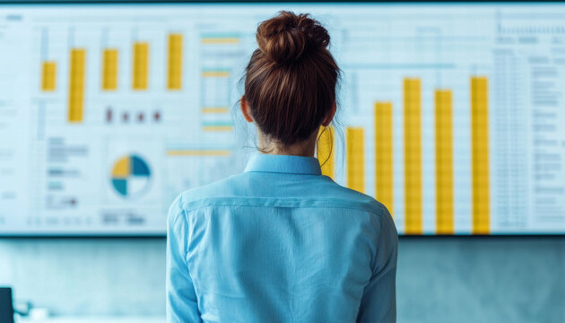 woman in blue shirt analyzes data on large screen displaying charts and graphs