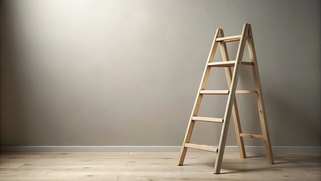 Detailed wooden stepladder standing on a flat surface with a neutral gray or beige background, showcasing its sturdy and robust structure , rustic, interior design