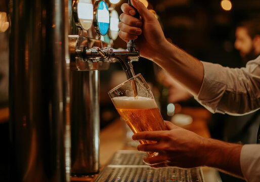 Bartender pouring a fresh pint of beer from a tap in a lively bar