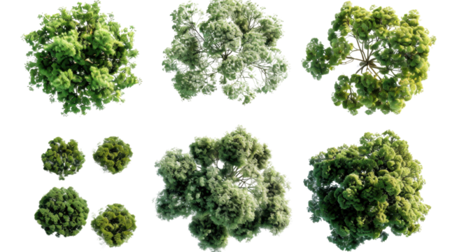Top view of lush green trees with transparent background for architectural visualization
