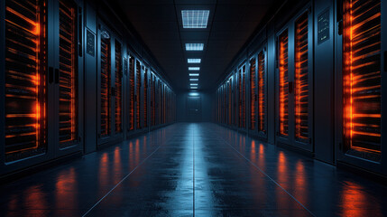 futuristic data center with glowing orange server racks and sleek, reflective floor, illuminated by overhead lights, creating high tech and secure atmosphere