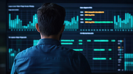 man analyzing data on multiple digital screens in dark room