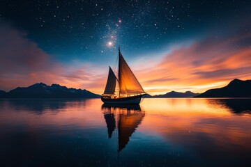 A ship sailing under the night sky, using the Canis Major constellation and its bright star Sirius for navigation