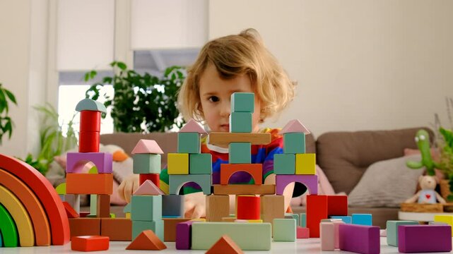Children playing with blocks at home. Selective focus.