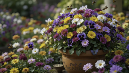 Obraz premium vibrant garden scene with terracotta pot filled with colorful daisies and pansies, surrounded by butterflies and lush greenery, creating lively and cheerful atmosphere