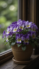 Obraz premium vibrant pot of purple and white pansies sits on wooden windowsill, basking in soft natural light. lush green leaves complement delicate petals, creating serene and inviting atmosphere