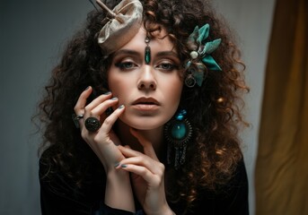 Fototapeta premium Elegant woman with curly hair adorned with accessories and jewelry