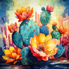 A bright and colorful image of blooming cacti, done in the style of watercolor painting. 