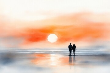 Fototapeta premium A soft watercolor painting of a couple walking along a sandy beach at sunset, with the ocean waves painted in gentle blues and the sky blending warm oranges and pinks