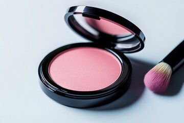 Blush Compact with Soft Brush Isolated on White Background