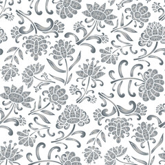 Swirl, hand drawn flowers, paisley pattern, grey and white colors. Seamless floral pattern-679.