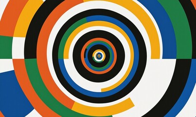 Abstract concentric circles in bright, mixed colors. Geometric design radiates from a central point in an optical illusion style