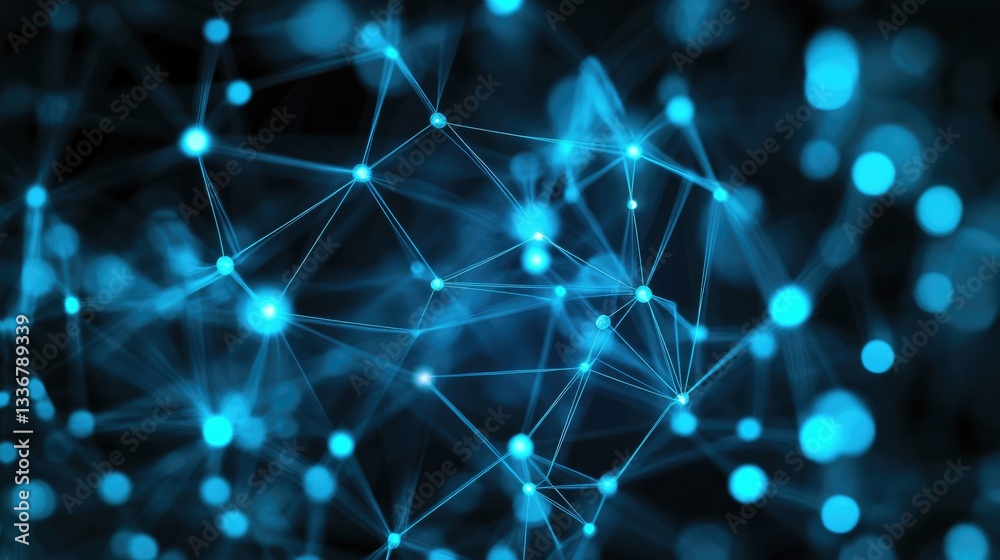 Poster abstract digital network with interconnected nodes representing global data flow.