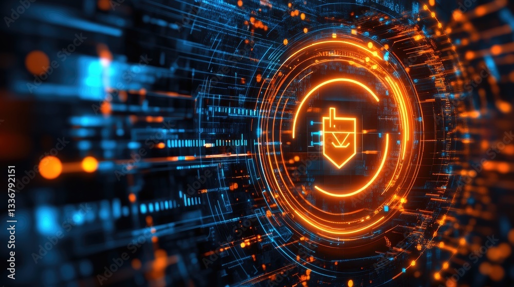 Poster abstract network security concept with a firewall and data protection elements.