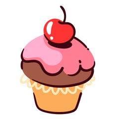 Cupcake with pink whipped cream and cherry decoration, cartoon dessert. Funny baked berry cake and frosting, muffin. Bakery food menu, calories mascot, cute sweet cupcake cartoon vector illustration