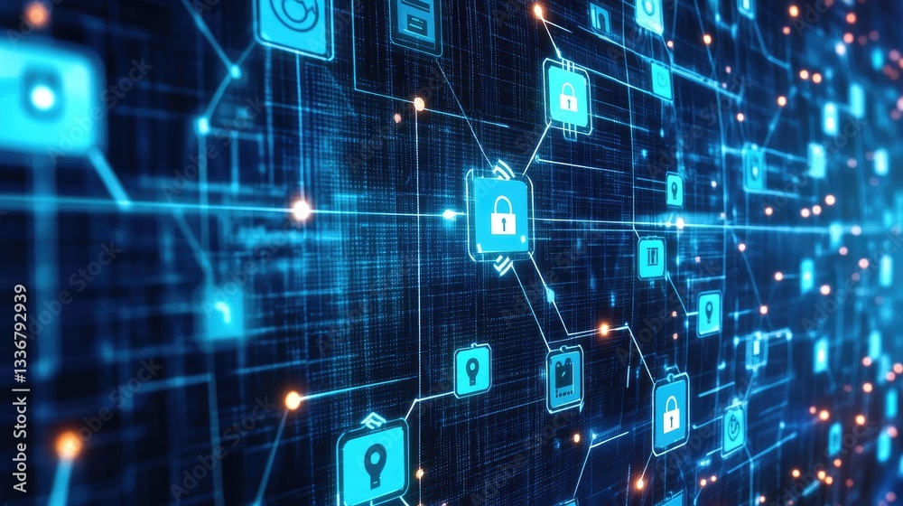 Poster abstract network security concept with a firewall and data protection elements.