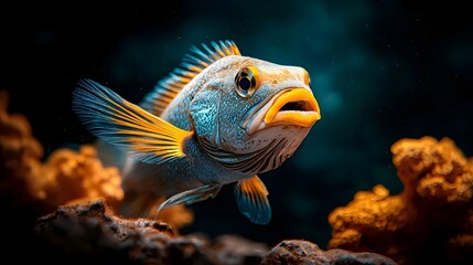Fototapeta premium Magnificent Iridescent Peacock Cichlid Fish Swimming Gracefully in a Rocky Aquarium Setting with Ample Copy Space for Text Overlay