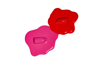 Two Red and Pink lipstick bullets partially melted into a glossy puddle of vibrant color
