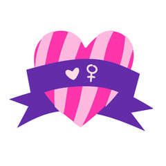 Happy international women day doodles, heart with ribbon icon, girls solidarity cartoon elements, clip art for stickers, prints, cards, social media decor, scrapbooking, valentine. Vector illustration