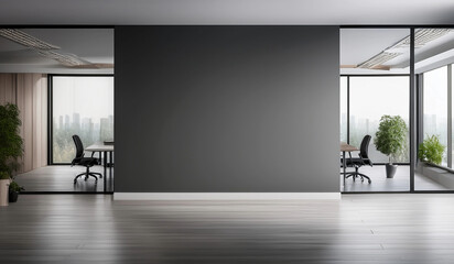 A sleek and modern open-concept office featuring glass partitions, wooden flooring, and a panoramic city skyline view. Ideal for corporate presentations, workspace designs, and real estate branding.