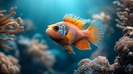 Fototapeta premium Vibrant Mandarin Fish Gliding Through Reef Aquarium with Intricate Patterns Glowing Under Blue Lighting Captivating Underwater Photography with Copy Space