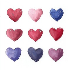 Fototapeta premium Hearts Watercolor Collection on Isolated Background