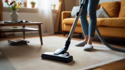 Fototapeta premium Home cleaning process in a cozy living room on a sunny afternoon