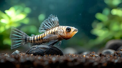 Fototapeta premium A dazzling zebra pleco resting peacefully on smooth aquarium rocks its black and white stripes creating a stunning visual contrast showcasing the beauty of this freshwater tropical fish in a natural