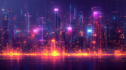Fototapeta premium Vibrant Futuristic City Nightscape with Neon Lights and Glowing Skyscrapers