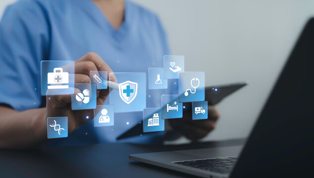 Futuristic medical interface featuring doctor interacting with digital healthcare icons. Represents online medical service concept, cloud-based healthcare management and smart digital health solutions