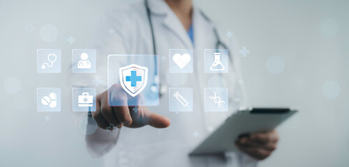 Doctor interacts with futuristic medical digital interface, illustrating the integration of AI and...