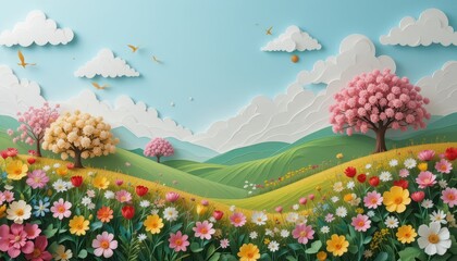 Spring blossom landscape nature scene paper art vibrant colors serene view beauty