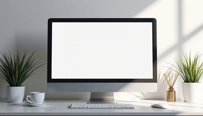 Fototapeta premium Blank computer screen on modern desk with plants and coffee cup for creative workspace 