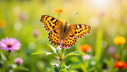 Obraz premium Queen of Spain Fritillary butterfly perched in vibrant meadow, nature's beauty