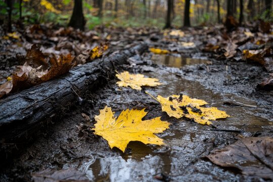 Fallen leaves in a muddy forest path - Powered by Adobe