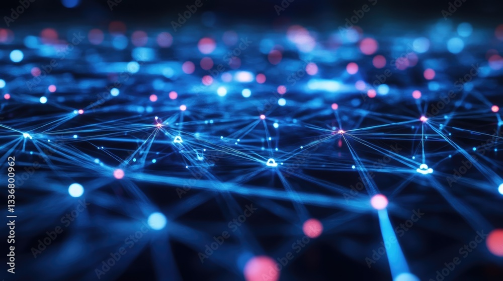 Poster ai-driven technology network with interconnected nodes and digital analytics.