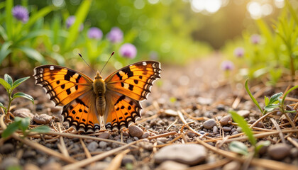 Naklejka premium Large Copper butterfly perched on path in meadow, nature's beauty