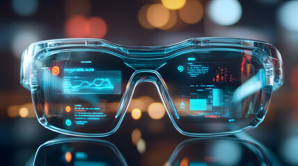 Smart glasses displaying holographic notifications in futuristic setting, showcasing digital interfaces and data visualization. transparent lenses reveal blend of technology and innovation