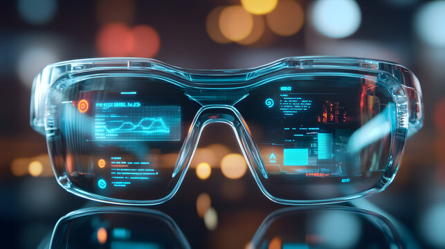Smart glasses displaying holographic notifications in futuristic setting, showcasing digital interfaces and data visualization. transparent lenses reveal blend of technology and innovation