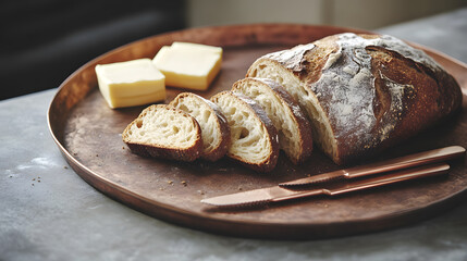 Freshly baked bread with crusty exterior is sliced and served on wooden tray alongside artisanal butter and copper knife, creating warm and inviting scene